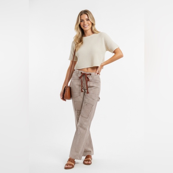 BiBi Drawstring Striped Twill Barrel Pants - Picture 3 of 4